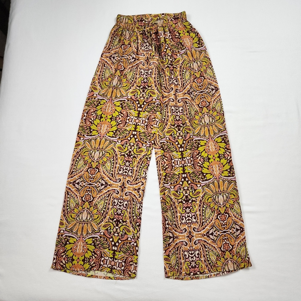 Vici Bohemian Wide Leg Patterned Pants Size Small 70s Retro Earth Tones Festival